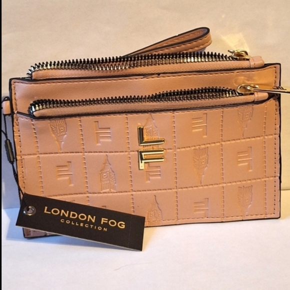 London Fog Wristlet NWT Irene Emboss Logo Collection Beige Pink Double Pouch - Picture 1 of 9